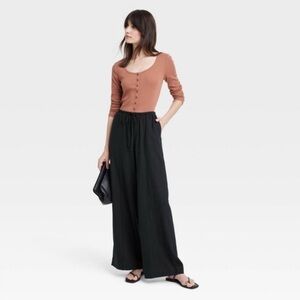 A New Day Linen Blend Black Wide Leg Pants Women's Size Small